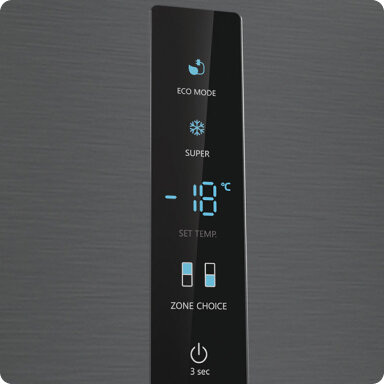 Panel sterowania lodówki z wyświetlaczem pokazującym temperaturę -18°C oraz opcje takie jak ECO MODE, SUPER, SET TEMP, ZONE CHOICE i przycisk zasilania z napisem \'3 sec\'.