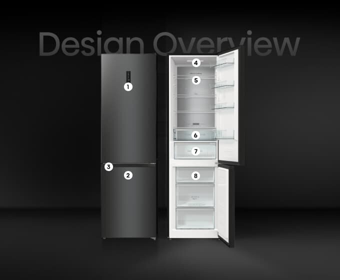Czarna lodówka z otwartymi drzwiami, ukazująca wnętrze z półkami i szufladami. Na obrazie widoczny jest tekst \'Design Overview\'.