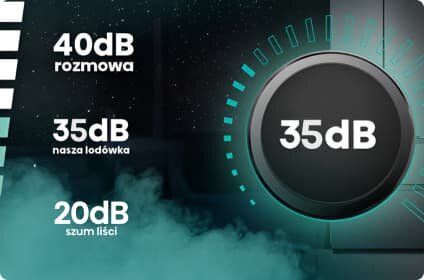 Grafika przedstawia porównanie poziomów hałasu: 40dB rozmowa, 35dB nasza lodówka, 20dB szum liści. Centralnie widoczny jest duży wskaźnik z wartością 35dB.