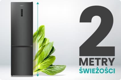Obraz przedstawia czarną lodówkę obok zielonych liści oraz napis \'2 METRY ŚWIEŻOŚCI\'.