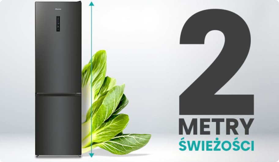 Czarna lodówka z wyświetlaczem na drzwiach, obok której znajduje się zielona roślina. Obok lodówki widnieje napis \'2 METRY ŚWIEŻOŚCI\'.