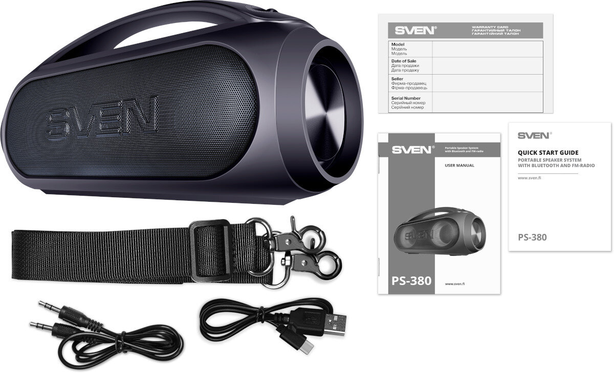 Na obrazie znajduje się czarny głośnik mobilny z logo \'SVEN\', pasek do noszenia, kabel audio, kabel USB oraz dokumentacja z napisem \'SVEN PS-380\'.
