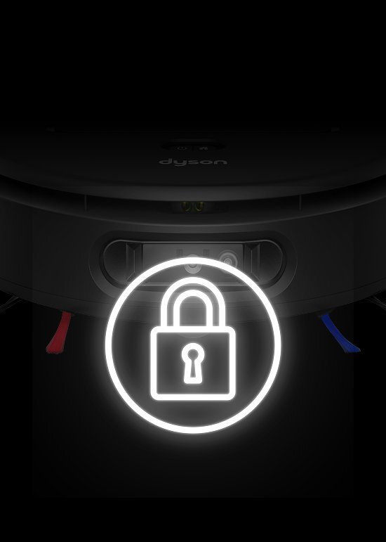 Na ciemnym tle widoczny jest zarys robota sprzątającego z logo \'dyson\'. Na pierwszym planie znajduje się biały symbol kłódki w okręgu.