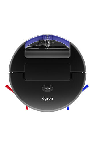 Czarny, okrągły robot sprzątający z widocznym logo \'dyson\' na przodzie. Posiada przezroczysty element na górze oraz czerwone i niebieskie szczotki po bokach.