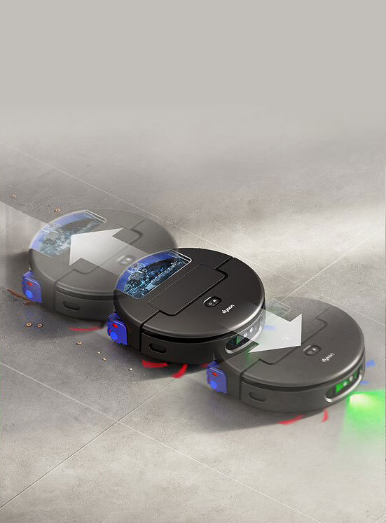 Na obrazie widoczny jest robot sprzątający z napisem \'Dyson\', poruszający się po podłodze z widocznymi strzałkami wskazującymi kierunek ruchu. Robot ma okrągły kształt i ciemny kolor, a na podłodze znajdują się drobne zanieczyszczenia.