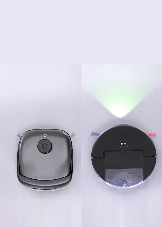 Obraz przedstawia dwa roboty sprzątające widziane z góry. Jeden z nich ma okrągły kształt z widocznym panelem i szczotkami, drugi jest kwadratowy z centralnym przyciskiem zasilania.