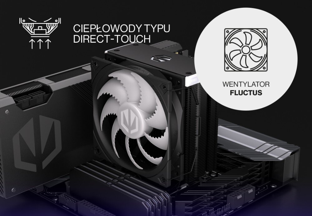 Na obrazie widoczny jest system chłodzenia CPU z białym wentylatorem i czarnym radiatorem, umieszczony na płycie głównej. Obok znajduje się tekst: \'CIEPŁOWODY TYPU DIRECT-TOUCH\' oraz grafika z napisem \'WENTYLATOR FLUCTUS\'.