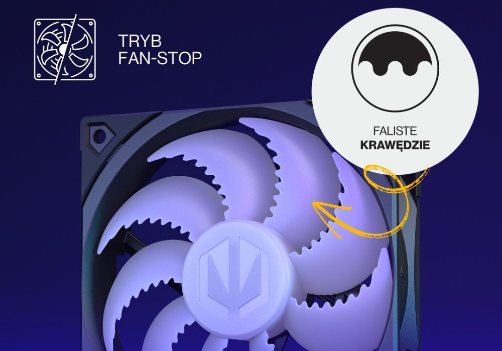 Obraz przedstawia wentylator z falistymi krawędziami łopatek, z napisem \'TRYB FAN-STOP\' oraz \'FALISTE KRAWĘDZIE\'.
