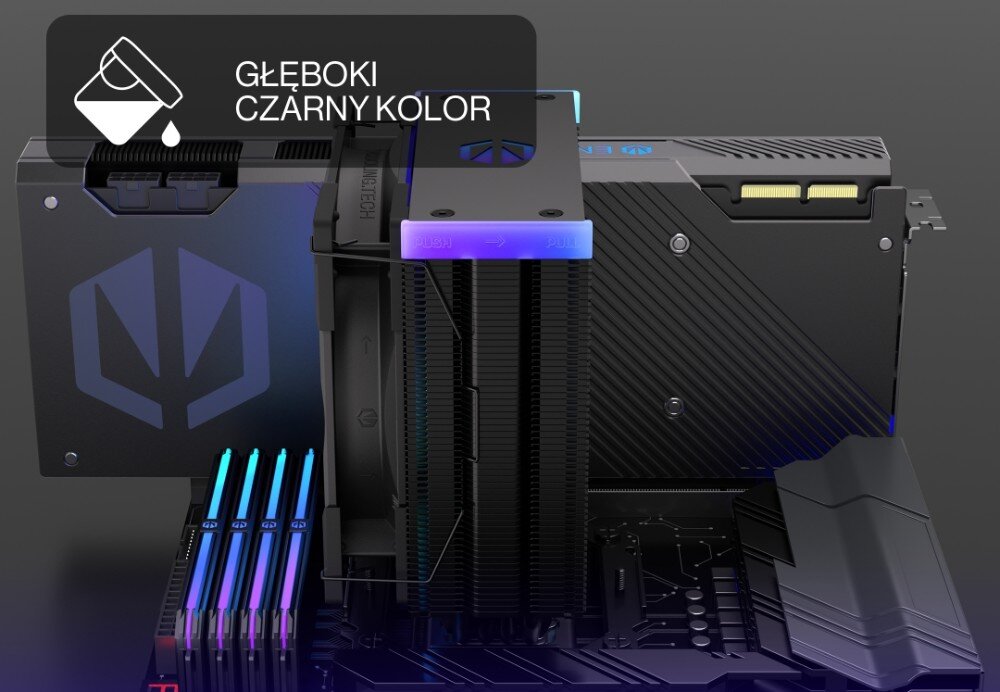 Obraz przedstawia chłodzenie CPU z podświetleniem ARGB w głębokim czarnym kolorze. Na obrazie widoczny jest tekst: \'GŁĘBOKI CZARNY KOLOR\'.