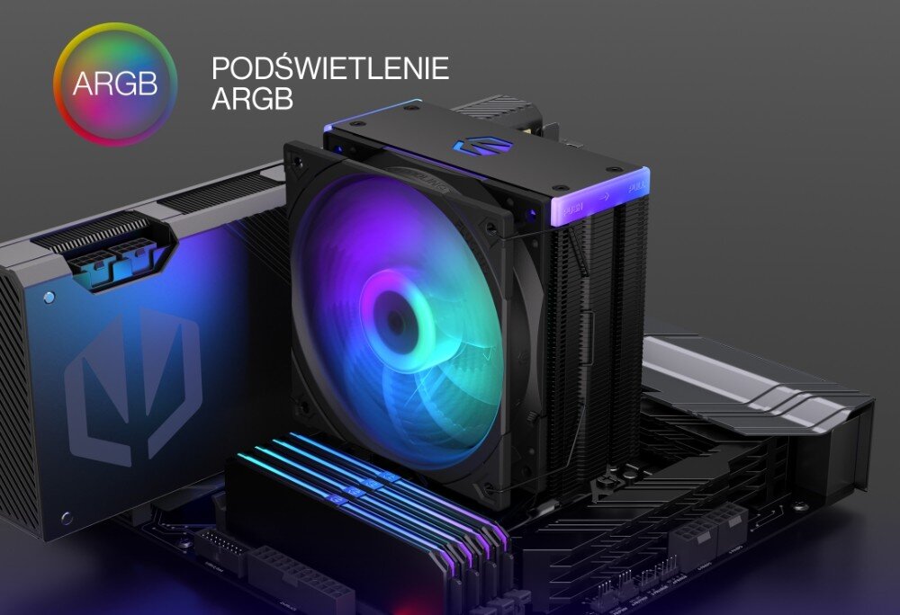 Na obrazie widoczny jest system chłodzenia CPU z podświetleniem ARGB, umieszczony na płycie głównej. Obok znajduje się logo producenta oraz napis \'PODŚWIETLENIE ARGB\'.