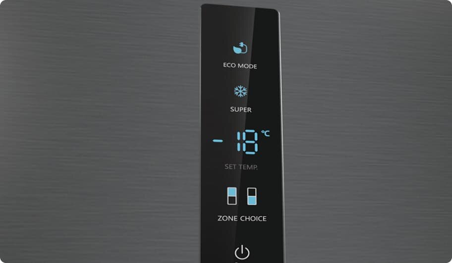 Panel sterowania lodówki z wyświetlaczem pokazującym temperaturę -18°C oraz opcje \'ECO MODE\', \'SUPER\', \'SET TEMP.\', \'ZONE CHOICE\'.