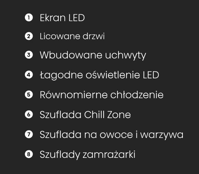 Lista funkcji lodówki HISENSE zawierająca: Ekran LED, Licowane drzwi, Wbudowane uchwyty, Łagodne oświetlenie LED, Równomierne chłodzenie, Szuflada Chill Zone, Szuflada na owoce i warzywa, Szuflady zamrażarki.