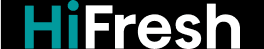 Logo z napisem \'HiFresh\' na czarnym tle, gdzie \'Hi\' jest w kolorze turkusowym, a \'Fresh\' w kolorze białym.
