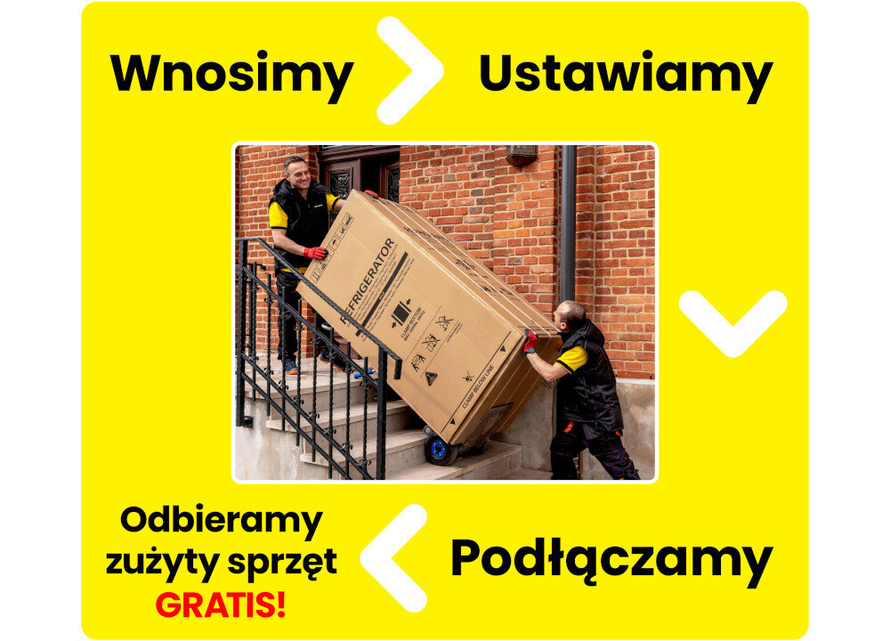 Dwóch mężczyzn wnosi karton z napisem \'Refrigerator\' po schodach do budynku z cegły. Na żółtym tle wokół zdjęcia widnieją napisy: \'Wnosimy\', \'Ustawiamy\', \'Podłączamy\', \'Odbieramy zużyty sprzęt GRATIS!\'.