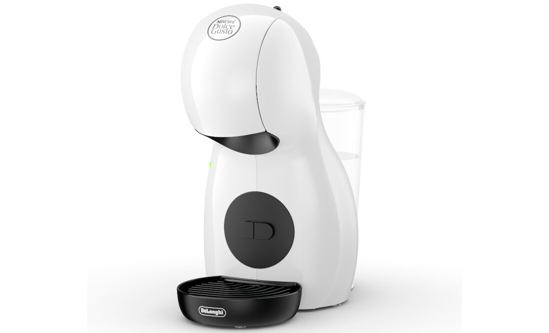 Biały ekspres do kawy o zaokrąglonym kształcie z widocznym logo \'Dolce Gusto\' na górze i \'DeLonghi\' na podstawce ociekowej. Posiada czarny element na froncie oraz przezroczysty pojemnik na wodę z tyłu.