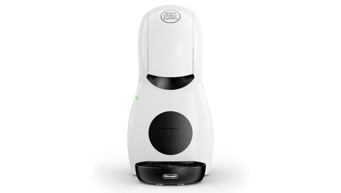 Biały ekspres do kawy z logo \'Dolce Gusto\' na górze i \'DeLonghi\' na podstawie. Urządzenie ma prosty, nowoczesny design z czarnymi elementami.