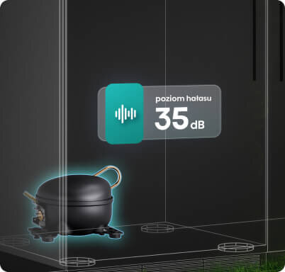 Obraz przedstawia wnętrze lodówki z widocznym elementem technicznym oraz ikoną z napisem \'poziom hałasu 35 dB\'.