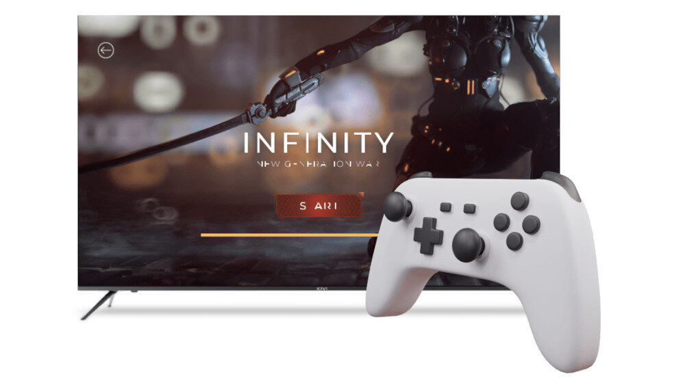 Telewizor wyświetla ekran gry z napisem \'INFINITY\' oraz przyciskiem \'START\'. Przed telewizorem znajduje się biały kontroler do gier z czarnymi przyciskami.