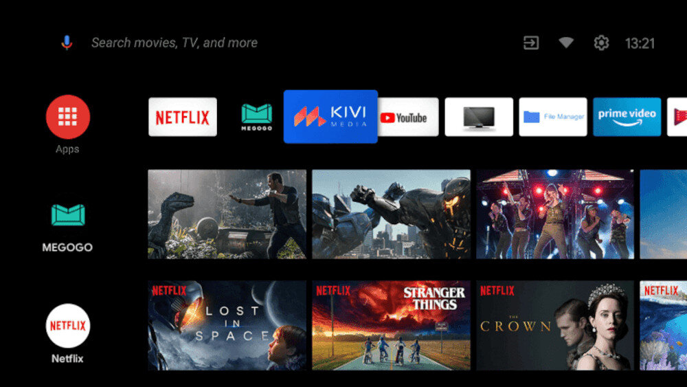 Interfejs użytkownika telewizora z aplikacjami takimi jak Netflix, YouTube, MEGOGO, KIVI MEDIA i Prime Video. Widoczne są miniatury filmów i seriali, w tym \'Lost in Space\', \'Stranger Things\' i \'The Crown\'.