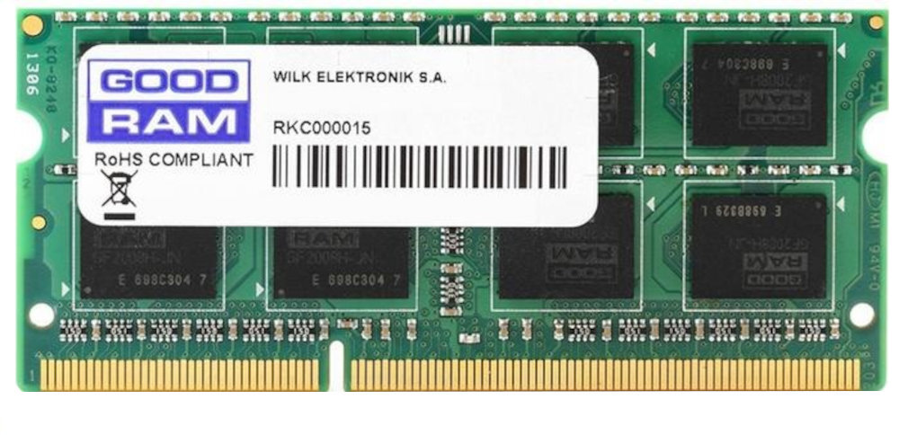 Moduł pamięci RAM z widocznym logo \'GOODRAM\' oraz etykietą z napisem \'WILK ELEKTRONIK S.A. RKC000015 RoHS COMPLIANT\'.