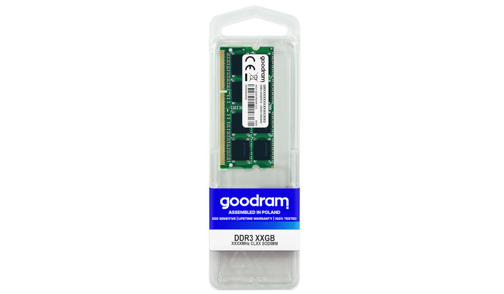 Opakowanie z pamięcią RAM marki goodram, z widocznym modułem w środku. Na etykiecie znajduje się napis: \'DDR3 XXGB XXXXMhz CLXX 9000MM\'.
