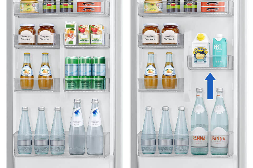 Wnętrze lodówki z półkami wypełnionymi różnymi produktami spożywczymi, takimi jak słoiki z marmoladą, kartony z sokiem, butelki z napojami i puszki. Na jednej z półek widoczna jest niebieska strzałka wskazująca na dwa kartony z napojami.