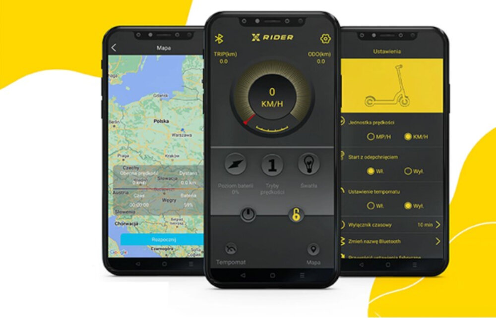 Na obrazie widoczne są trzy smartfony z aplikacją XRIDER. Ekrany pokazują mapę, prędkościomierz oraz ustawienia hulajnogi elektrycznej.