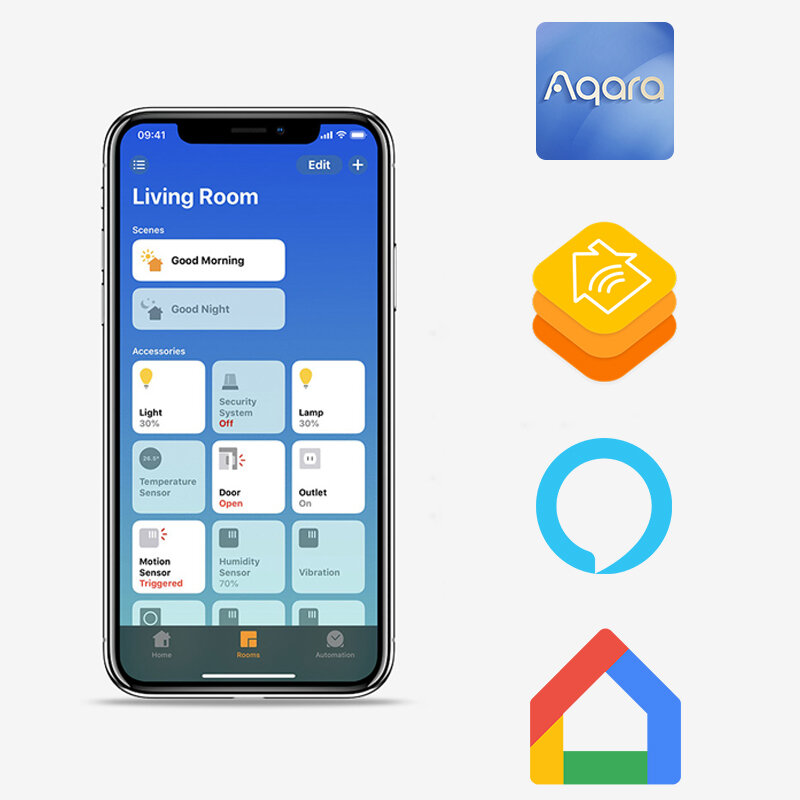 Na obrazie widoczny jest smartfon z aplikacją do zarządzania urządzeniami w salonie, z ikonami różnych funkcji i stanów urządzeń. Obok znajdują się cztery ikony: Aqara, pomarańczowa z symbolem domu, niebieska z białym okręgiem oraz kolorowa z symbolem domu.