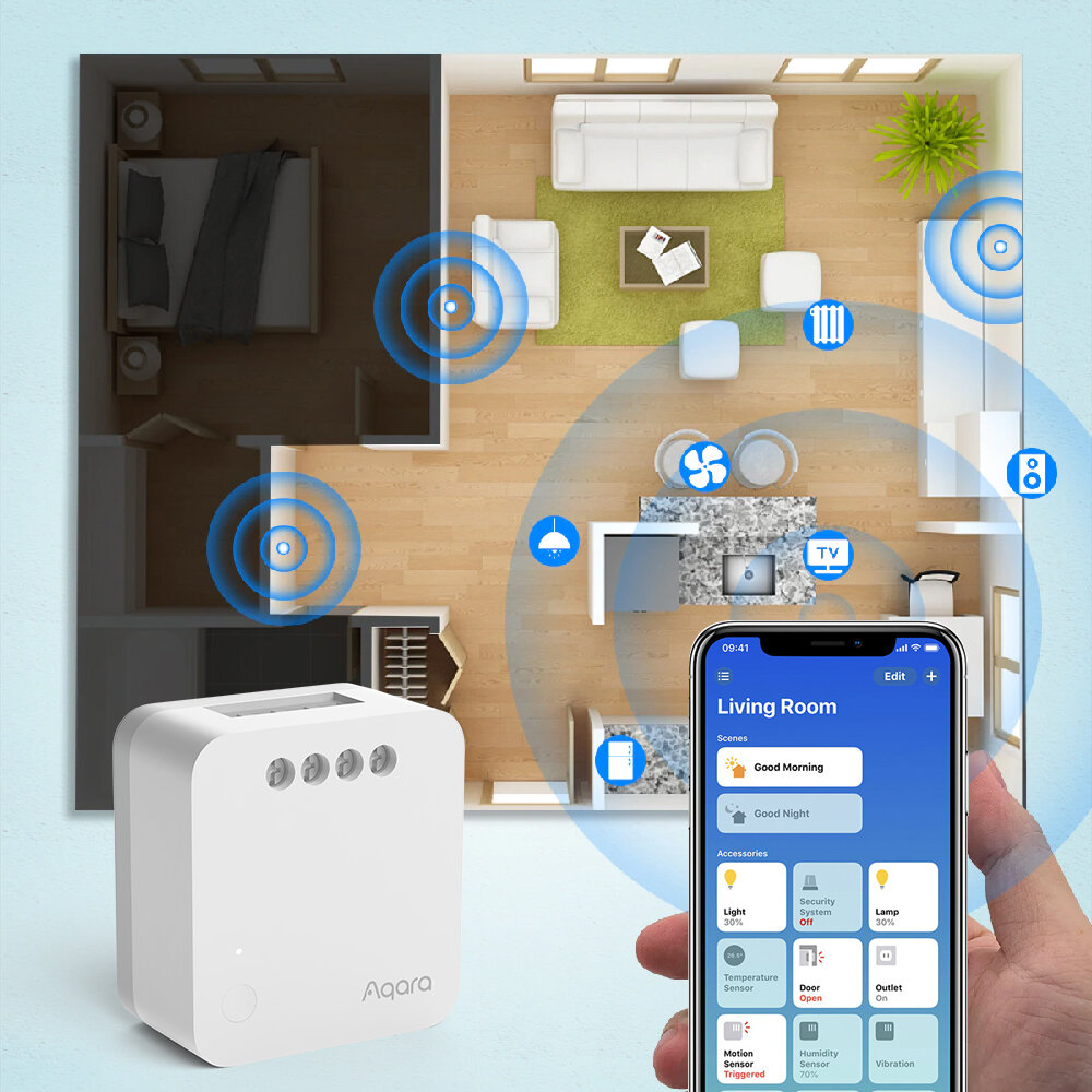 Obraz przedstawia schemat mieszkania z ikonami symbolizującymi urządzenia smart home oraz smartfon z aplikacją pokazującą kontrolę nad tymi urządzeniami. Na pierwszym planie widoczny jest biały przekaźnik z logo \'Aqara\'.