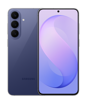 Smartfon w kolorze fioletowym z trzema aparatami z tyłu i wyświetlaczem z okrągłym wycięciem na aparat z przodu. Na obudowie widoczne jest logo SAMSUNG.