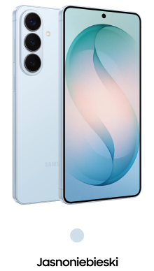 Smartfon z trzema aparatami z tyłu i dużym ekranem z cienkimi ramkami z przodu. Pod spodem widoczny jest napis \'Jasnoniebieski\'.
