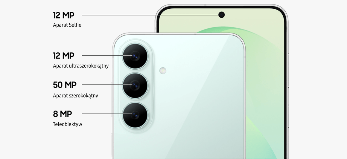 Obraz przedstawia smartfon z trzema aparatami z tyłu: 12 MP aparat ultraszerokokątny, 50 MP aparat szerokokątny i 8 MP teleobiektyw. Na ekranie widoczny jest otwór na aparat selfie 12 MP.