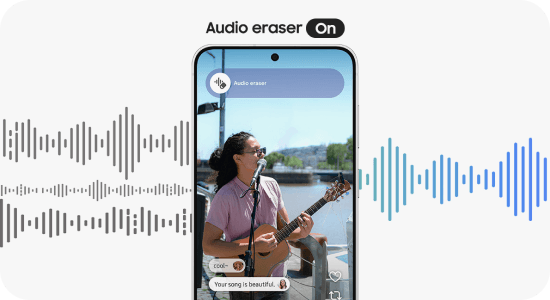 Obraz przedstawia smartfon z włączoną funkcją \'Audio eraser\', na ekranie widoczna jest osoba grająca na gitarze. W tle znajdują się fale dźwiękowe oraz napis \'Audio eraser On\'.