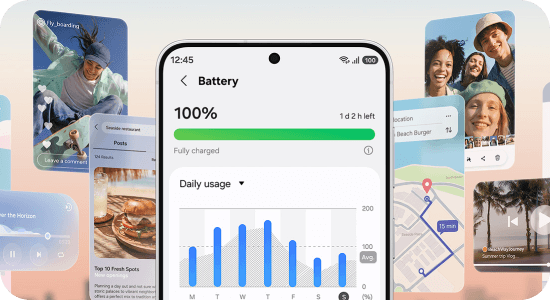 Na obrazie widoczny jest ekran smartfona z informacją o stanie baterii na poziomie 100% oraz wykresem dziennego zużycia energii. W tle znajdują się różne aplikacje i zdjęcia, w tym mapa i zdjęcia ludzi.