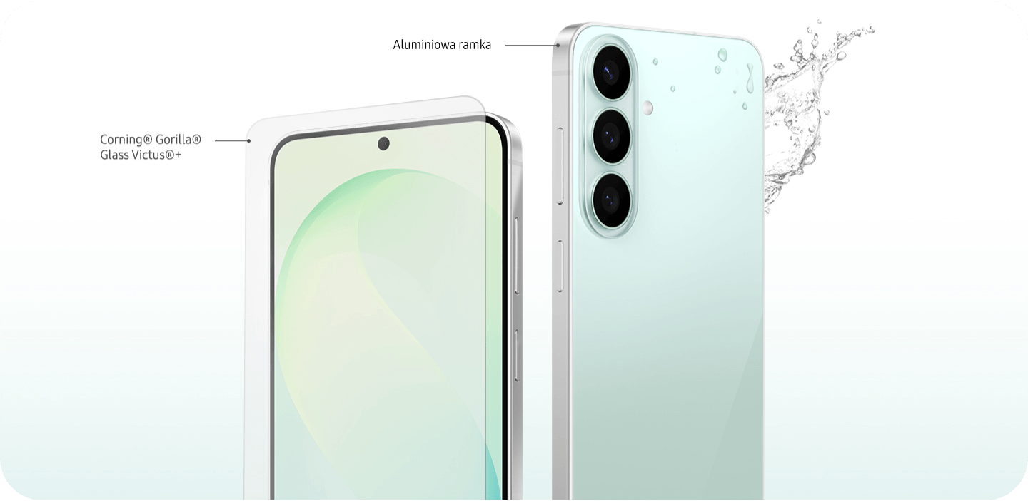 Obraz przedstawia smartfon z trzema aparatami z tyłu i ekranem z otworem na kamerę przednią. Widoczne są napisy: \'Corning® Gorilla® Glass Victus®+\' oraz \'Aluminiowa ramka\'.