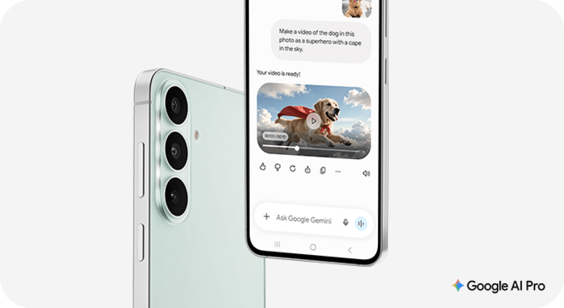 Na obrazie widoczny jest smartfon z trzema aparatami z tyłu oraz ekranem wyświetlającym aplikację z filmem przedstawiającym psa w pelerynie. W prawym dolnym rogu znajduje się logo \'Google AI Pro\'.