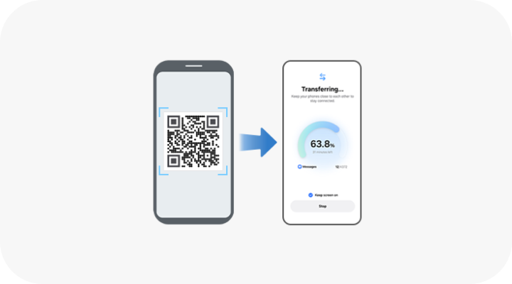Obraz przedstawia dwa smartfony. Na jednym ekranie widoczny jest kod QR, a na drugim proces transferu danych z napisem \'Transferring... 63.8%\'.