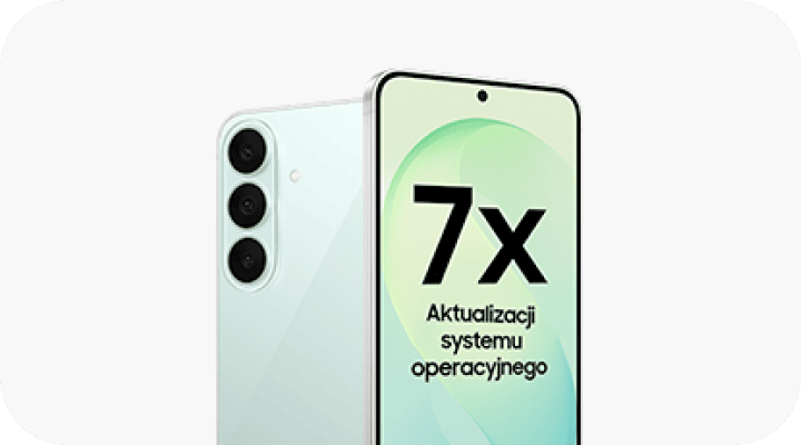 Smartfon z trzema aparatami z tyłu i wyświetlaczem z napisem \'7x Aktualizacji systemu operacyjnego\'.