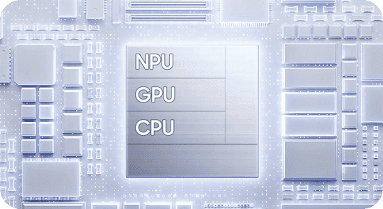 Obraz przedstawia schemat układu scalonego z oznaczeniami NPU, GPU i CPU na centralnym prostokącie. W tle widoczne są różne elementy elektroniczne w odcieniach szarości i bieli.
