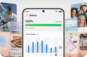 Na obrazie widoczny jest ekran smartfona z aplikacją pokazującą stan baterii na poziomie 100% oraz wykres dziennego zużycia energii. W tle znajdują się różne kolorowe grafiki i zdjęcia przedstawiające ludzi oraz mapę.