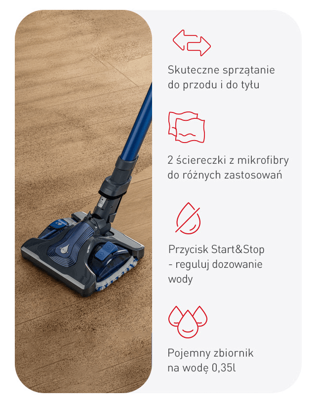 Na obrazie widoczny jest odkurzacz z niebieską rurą i głowicą czyszczącą na drewnianej podłodze. Obok znajdują się ikony i tekst: \'Skuteczne sprzątanie do przodu i do tyłu\', \'2 ściereczki z mikrofibry do różnych zastosowań\', \'Przycisk Start&Stop - reguluj dozowanie wody\', \'Pojemny zbiornik na wodę 0,35l\'.