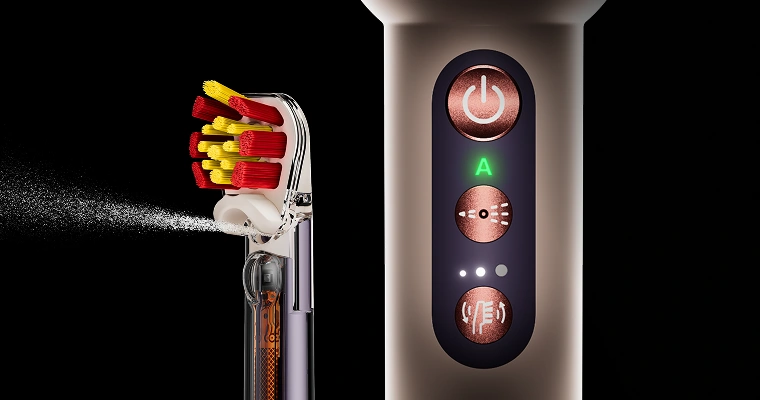 Końcówka Dyson Sensitive z czerwono-żółtym włosiem z dyszą irygatora. Obok zbliżenie na korpus szczoteczki Dyson i przyciski