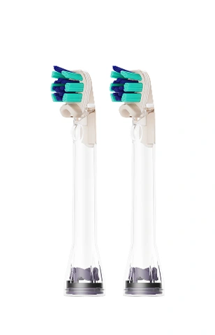Dwie zielono-niebieskie końcówki Regular do szczoteczki Dyson CameraJet w ujęciu pod kątem