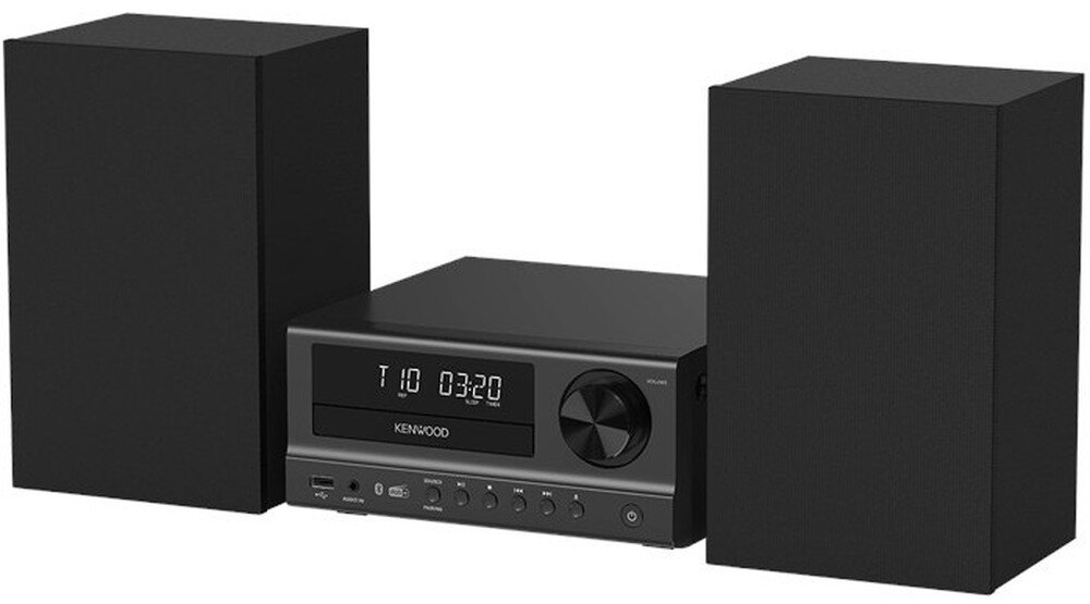Czarna wieża audio z dwoma głośnikami po bokach. Na panelu przednim widoczny jest wyświetlacz z napisem \'T10 03:20\' oraz logo \'KENWOOD\'.