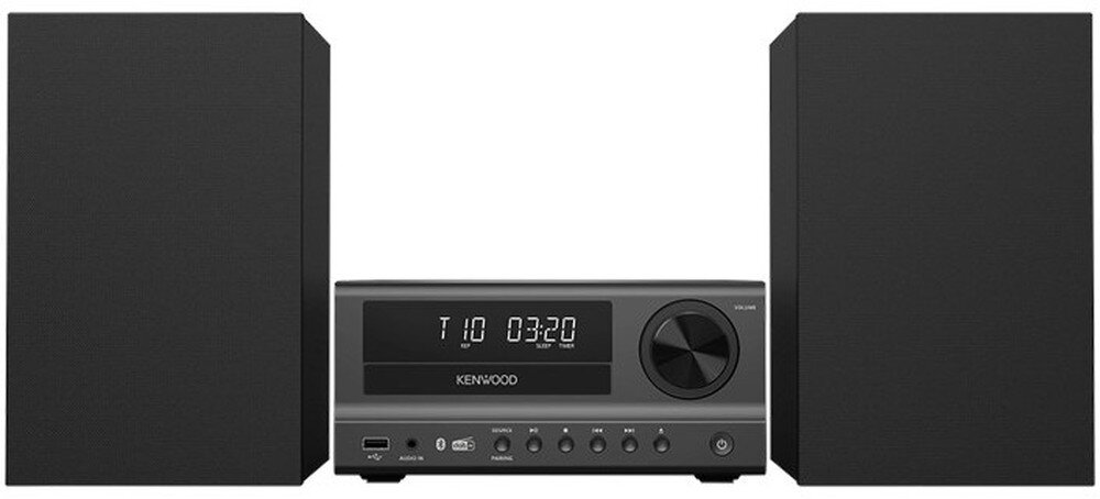 Czarna wieża audio z dwoma głośnikami po bokach. Na wyświetlaczu widoczny jest tekst: \'T10 03:20\', poniżej logo \'KENWOOD\'.