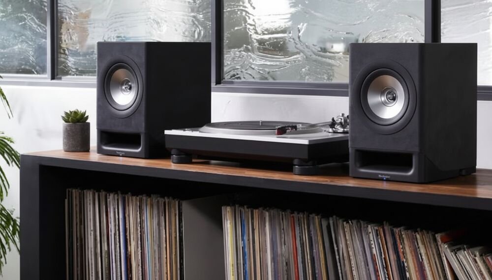 TECHNICS SC-CX700E Czarny kolumny aktywne do gramofonu wejście PHONO wkładki MM płyty winylowe, kolumny stojące na komodzie w pomieszczeniu