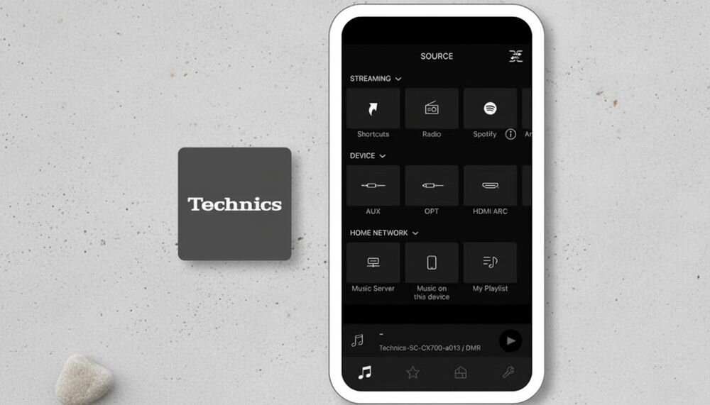 TECHNICS SC-CX700E Czarny aplikacja Technics Audio Center Źródło Ulubione Pokój Ustawienia, telefon leżący na blacie