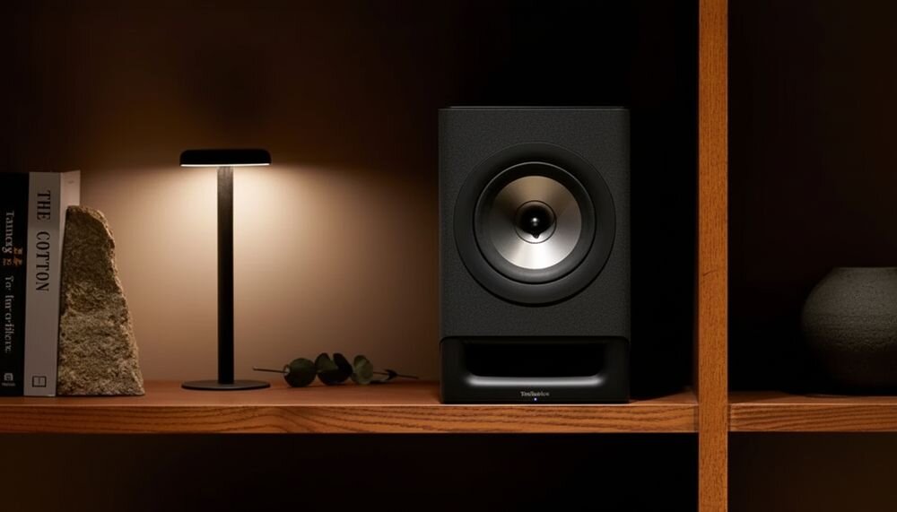 TECHNICS SC-CX700E Czarny obudowa Dinamica mikrofibra poliester z recyklingu eleganckie wykończenie, kolumna stojąca na półce w pomieszczeniu