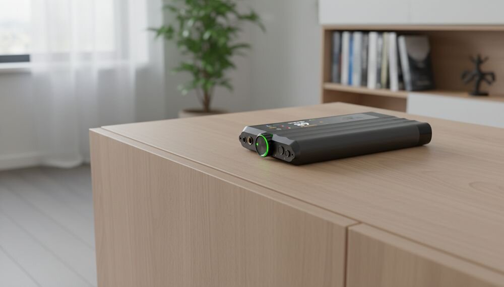 Wzmacniacz słuchawkowy IFI AUDIO iDSD GR 2, przenośny DAC, Hi-Res, wyświetlacz OLED, urządzenie leżące na szafce w pomieszczeniu