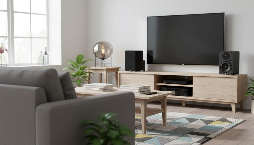 Kolumny podstawkowe aktywne LAUDBERG S1 Pro czarne, zestaw stereo hi-fi o mocy 100 W RMS, kolumny na komodzie w pomieszczeniu